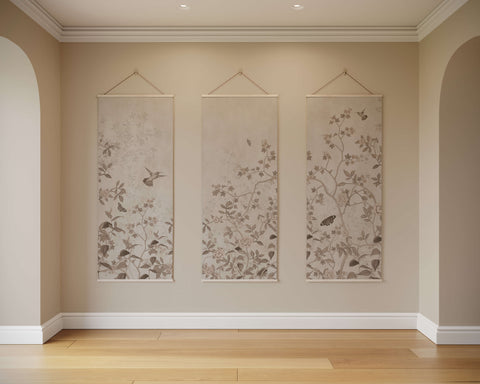Three elegant beige vintage tropical bird branch tapestries with delicate gray botanical and avian motifs