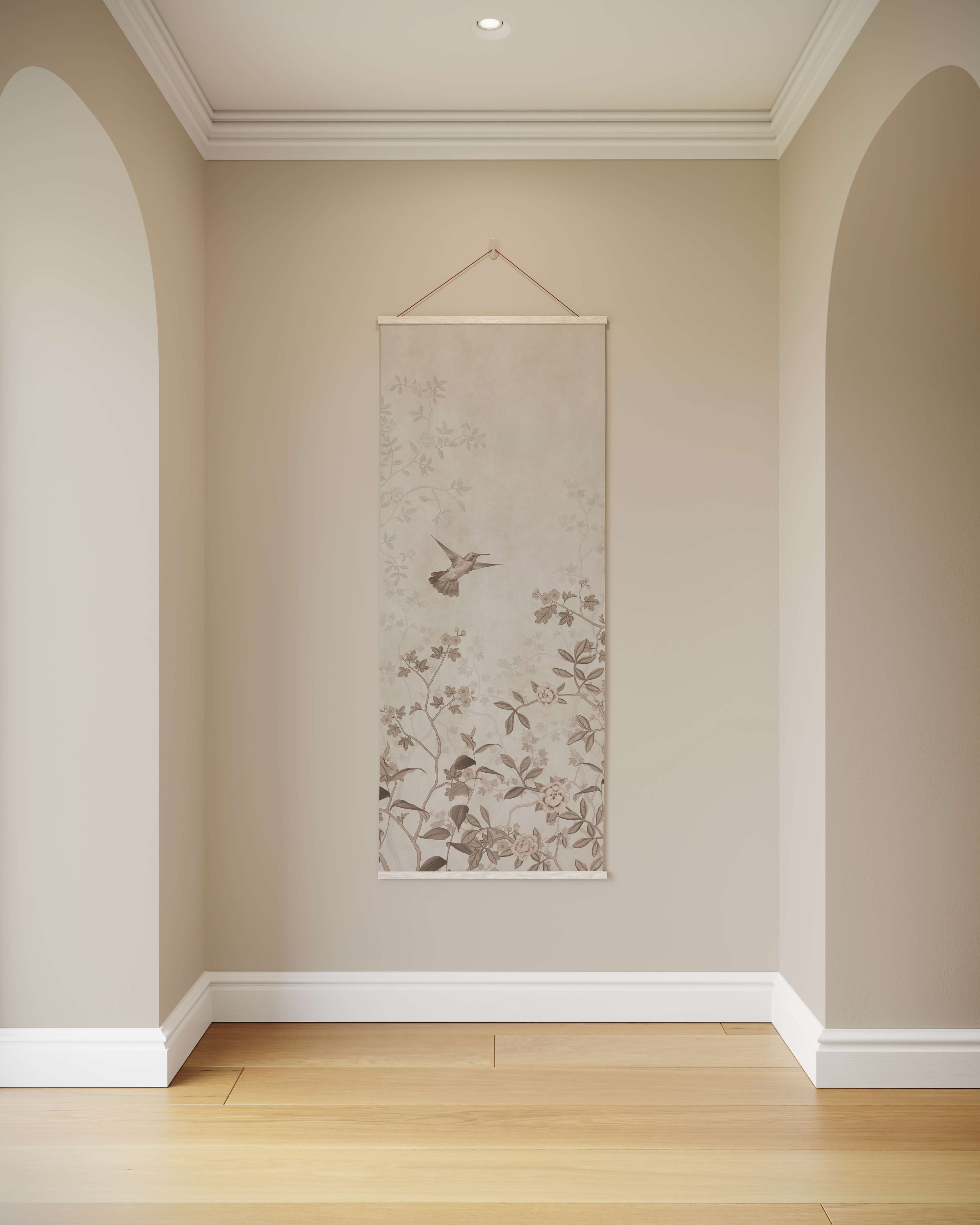 A delicate beige vintage tropical bird hanging scroll with subtle ink wash birds and blossoms illustration