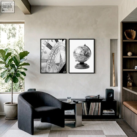Black framed black and white globe art print world map canvas perfect for games room or vintage wall decor