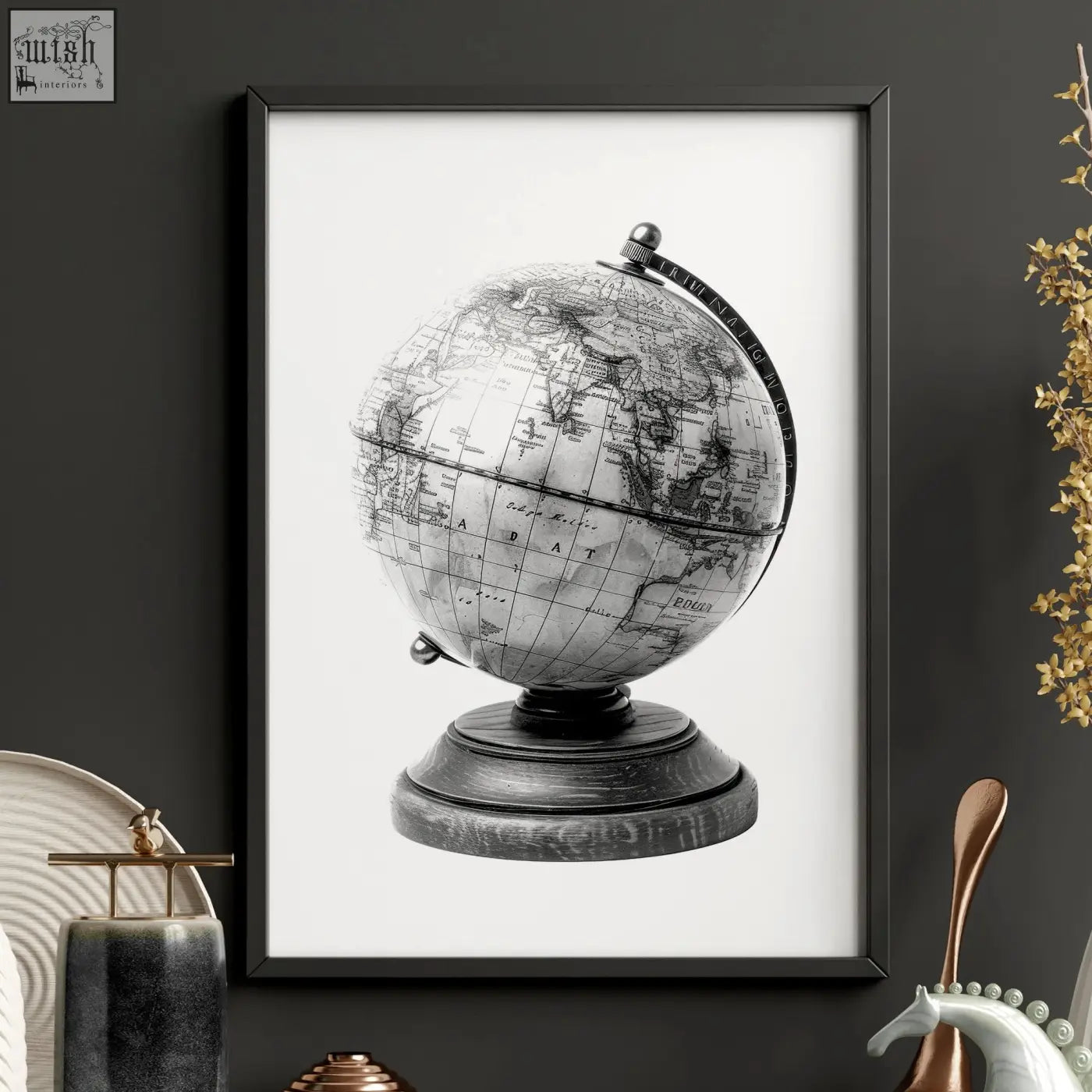 Black-framed vintage world map canvas with monochrome antique globe illustration and dark wooden base for games room decor