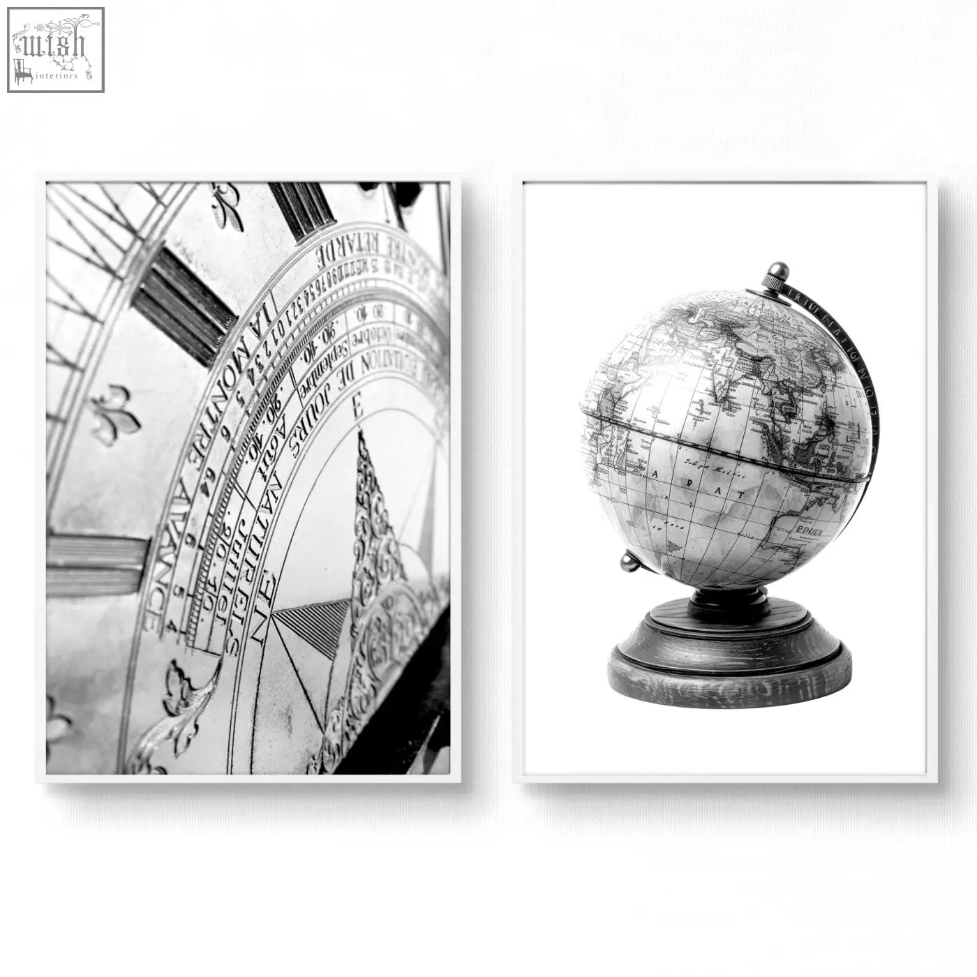Black and white vintage world map canvas prints featuring a sundial and ornate globe perfect for games room decor