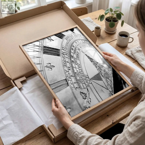 Black and white vintage astronomical clock print in wooden frame perfect for games room or world map canvas decor