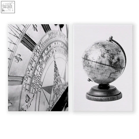 Vintage world map canvas featuring an antique globe with detailed map on dark wooden base perfect for games room decor