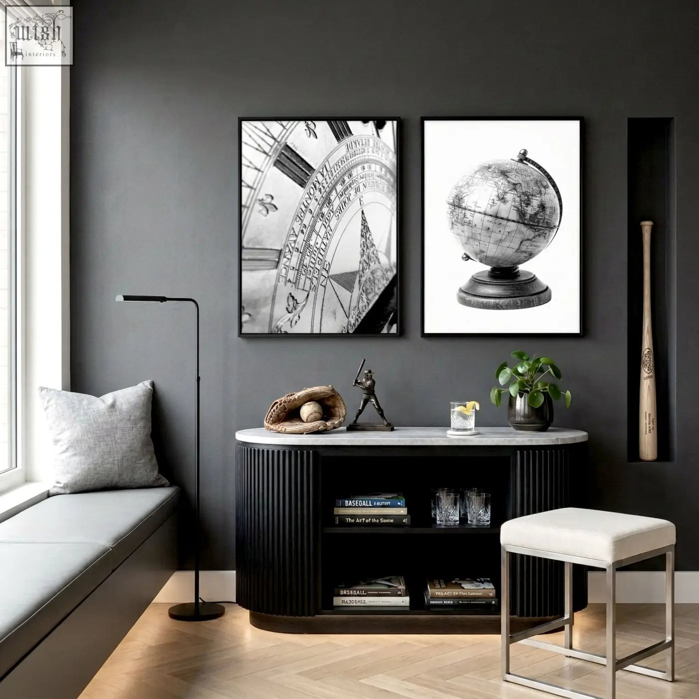 Black-framed black-and-white vintage world map canvas and antique globe art prints perfect for a games room wall decor