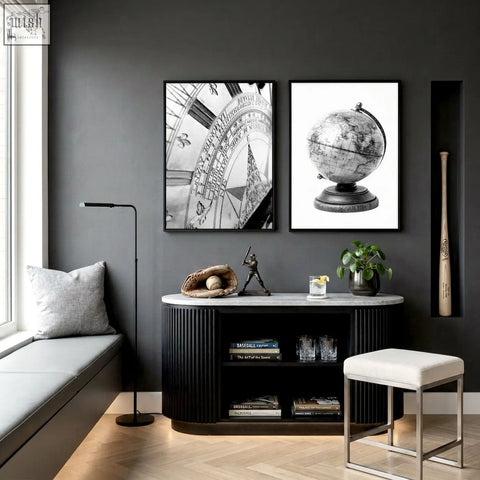 Black-framed black-and-white vintage world map canvas and antique globe art prints perfect for a games room wall decor