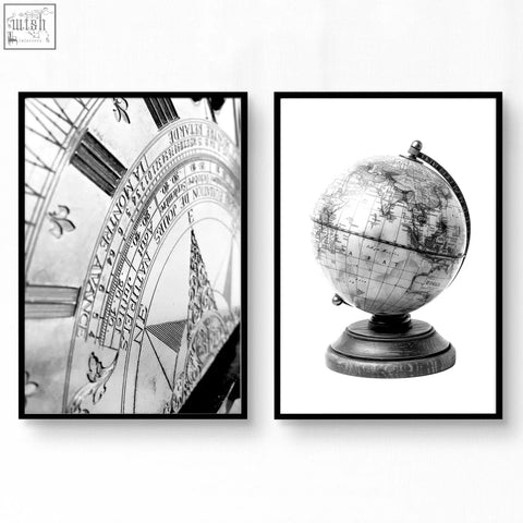 Black-framed vintage world map canvas set featuring black-and-white sundial and antique globe art for games room decor