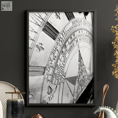 Black framed black and white print of an ornate vintage astronomical clock face for games room world map canvas set