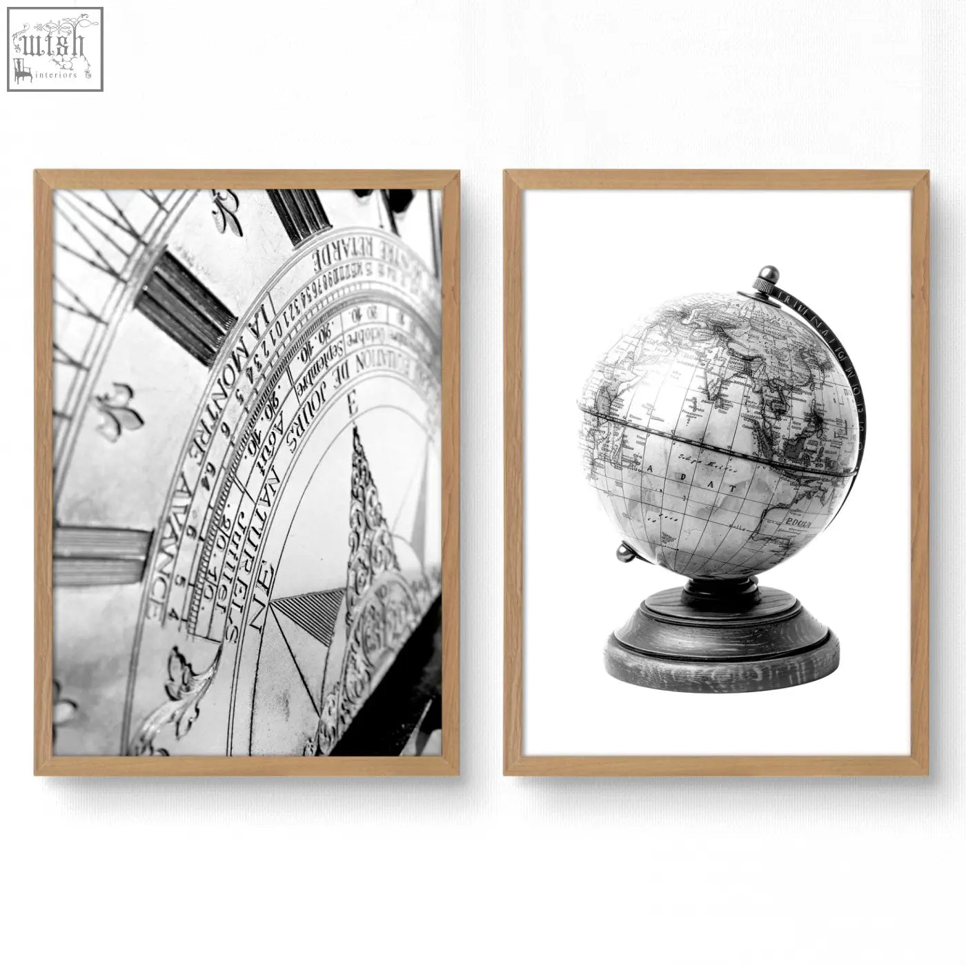Black and white framed vintage world map canvas prints featuring an antique globe and sundial perfect for games room decor