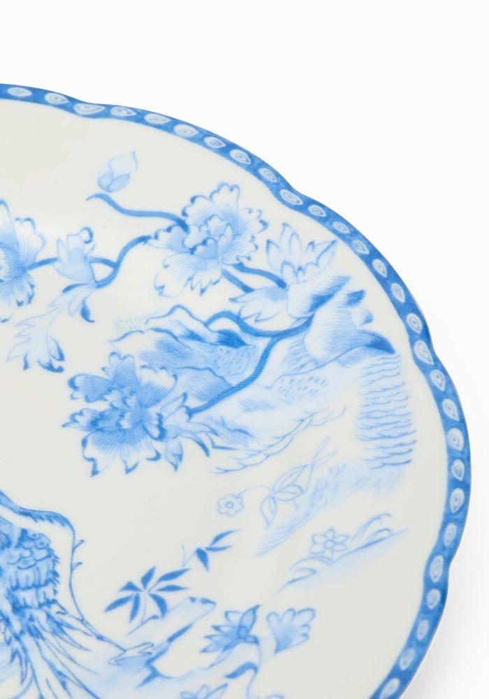 Virginia blue and white porcelain dessert plate with delicate peonies birds floral design and scalloped dotted edge