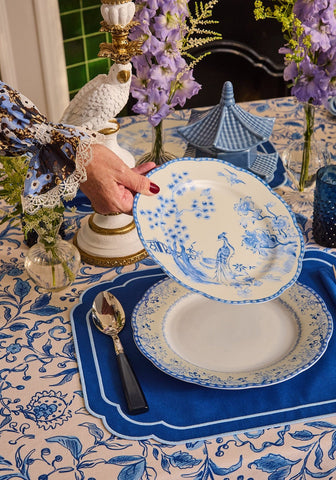 A delicate virginia blue and white porcelain dessert plate with chinoiserie peacock and floral design set of 4