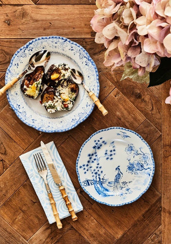 Virginia blue and white dessert plate set of 4 with scalloped edge and intricate peacock floral porcelain design