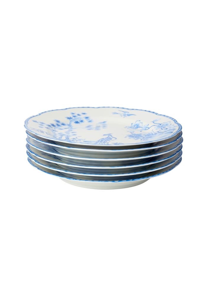 Stack of six white ceramic virginia blue and white dessert plates with delicate blue floral bird patterns and scalloped edge