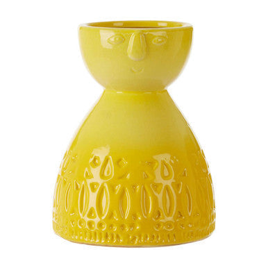 Bright yellow ceramic visage small yellow face vase with whimsical face and embossed patterns on its body