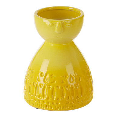 Bright yellow ceramic visage small yellow face vase with glossy finish and embossed floral pattern