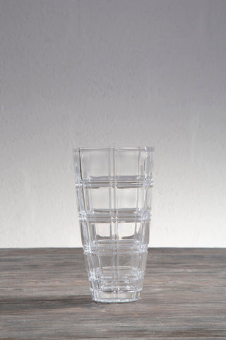 Clear glass visage small yellow face vase with geometric grid pattern etched on its surface