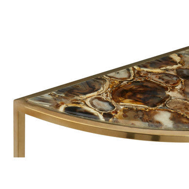 Vita half moon console table with half moon black agate top and polished gold metal frame in a triangular shape