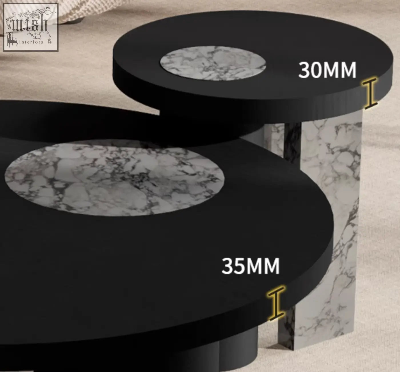 Vivien coffee table set with black circular wood coffee tables featuring marble inlays and a sleek modern design