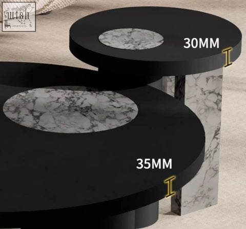 Vivien coffee table set with black circular wood coffee tables featuring marble inlays and a sleek modern design