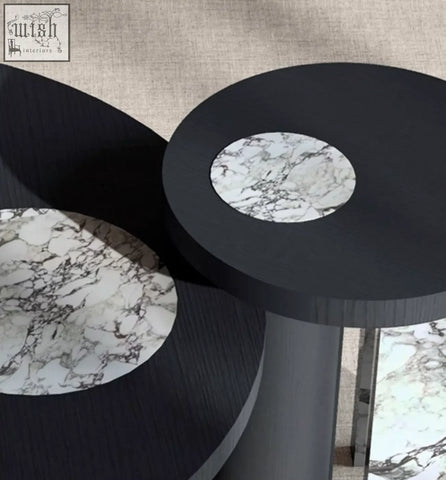 Vivien coffee table set with black circular wood coffee tables and white marble inlays for stylish living spaces