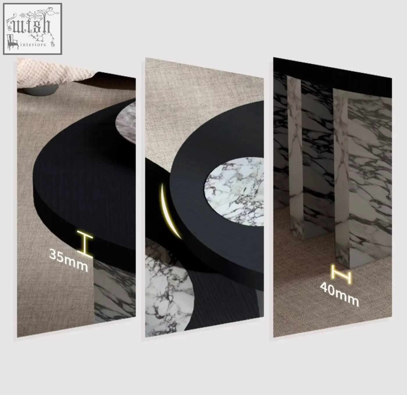 Vivien coffee table set with a black wood coffee table featuring a white marble inset and sleek modern design