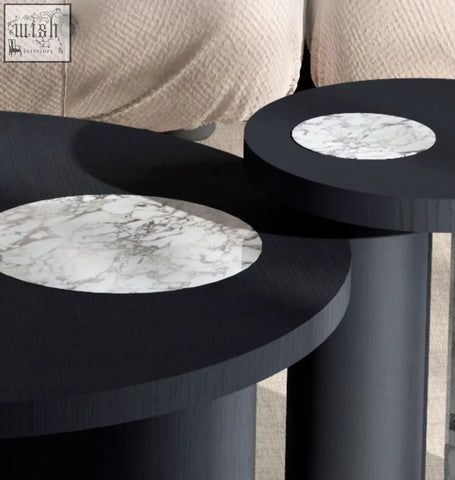 Vivien coffee table set with black cylindrical wood coffee tables topped with circular white marble tops