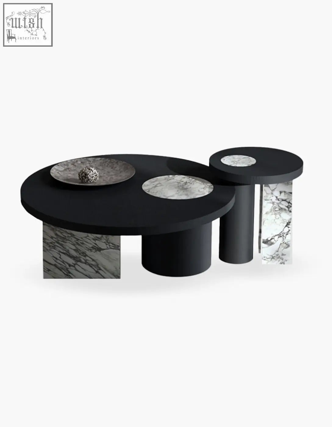 Vivien coffee table set with black marble top wood coffee table featuring sleek cylindrical legs and white veined accents
