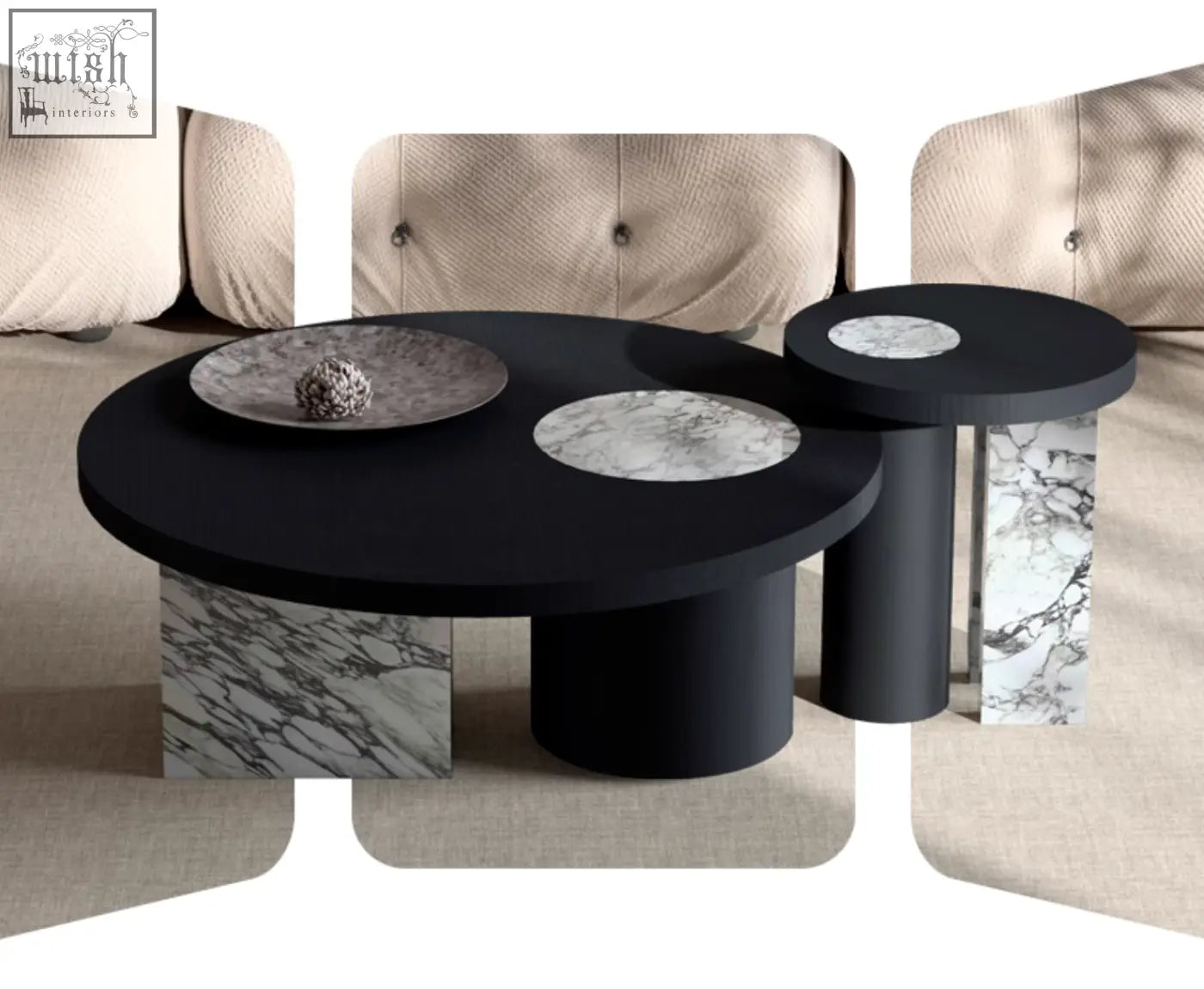 Vivien coffee table set with black marble top and cylindrical legs featuring a white and gray veined pattern wood coffee table