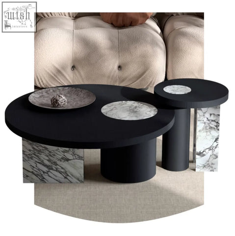 Vivien coffee table set with black marble top wood coffee table featuring cylindrical legs and white veined stone accents