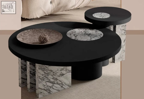 Vivien coffee table set featuring black marble top wood coffee tables with sleek cylindrical legs and minimalist design