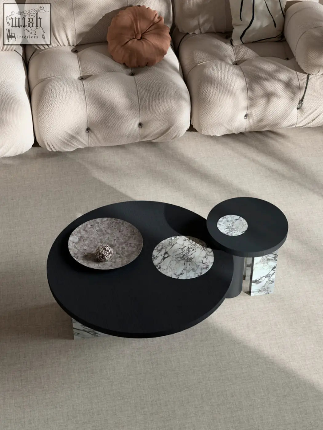Vivien coffee table set featuring black marble-top wood coffee tables with a sleek modern design for living rooms