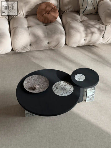 Vivien coffee table set featuring black marble-top wood coffee tables with a sleek modern design for living rooms