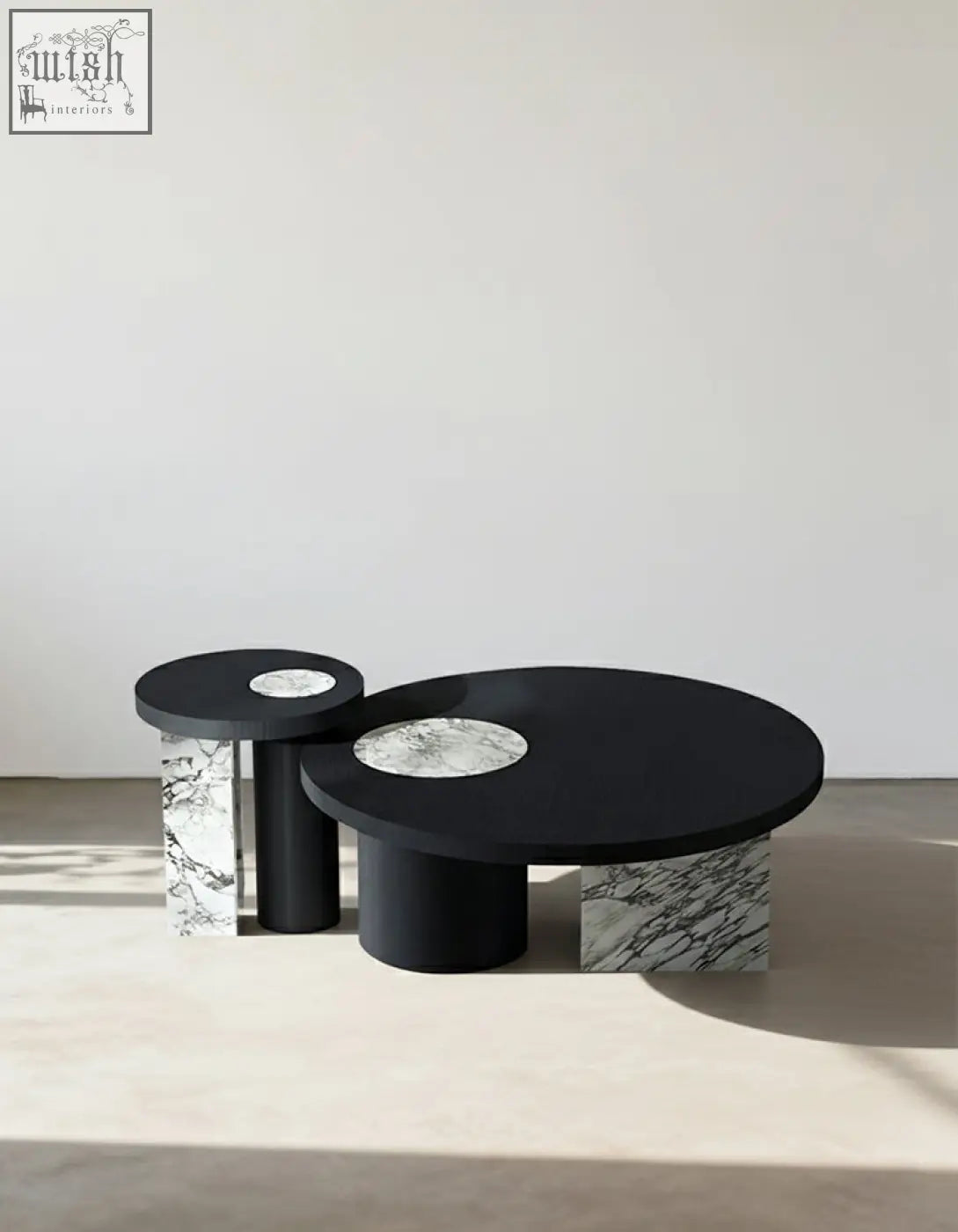 Vivien coffee table set with black marble top wood coffee tables featuring sleek cylindrical bases and white veined stone accents