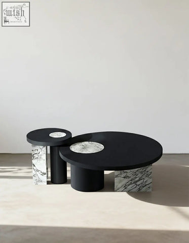 Vivien coffee table set with black marble top wood coffee tables featuring sleek cylindrical bases and white veined stone accents