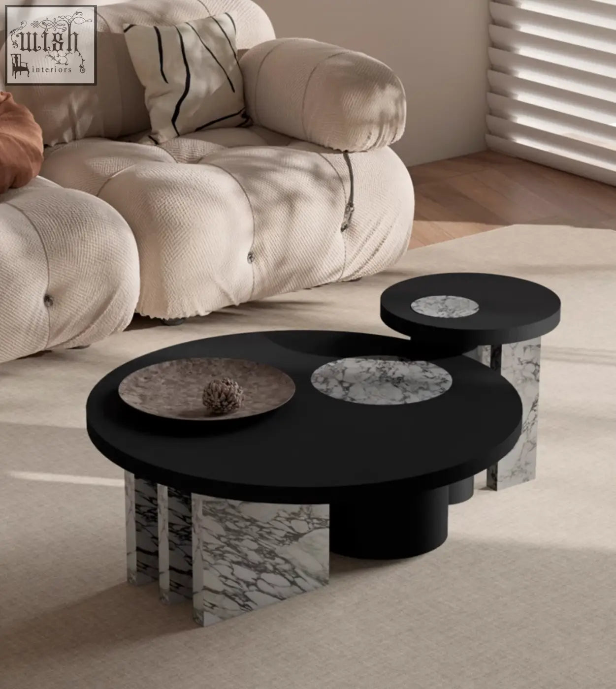 Vivien coffee table set with black wood coffee tables featuring marble bases and circular tops for stylish living rooms