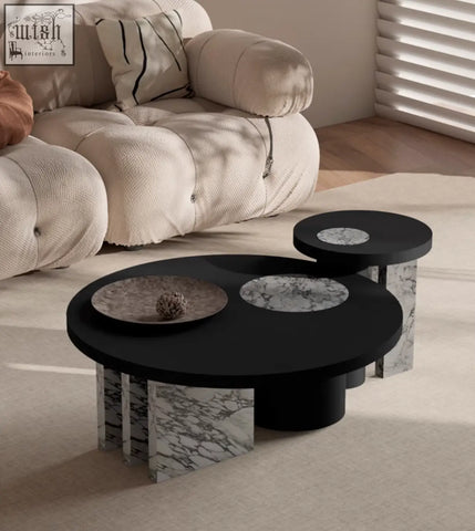 Vivien coffee table set with black wood coffee tables featuring marble bases and circular tops for stylish living rooms