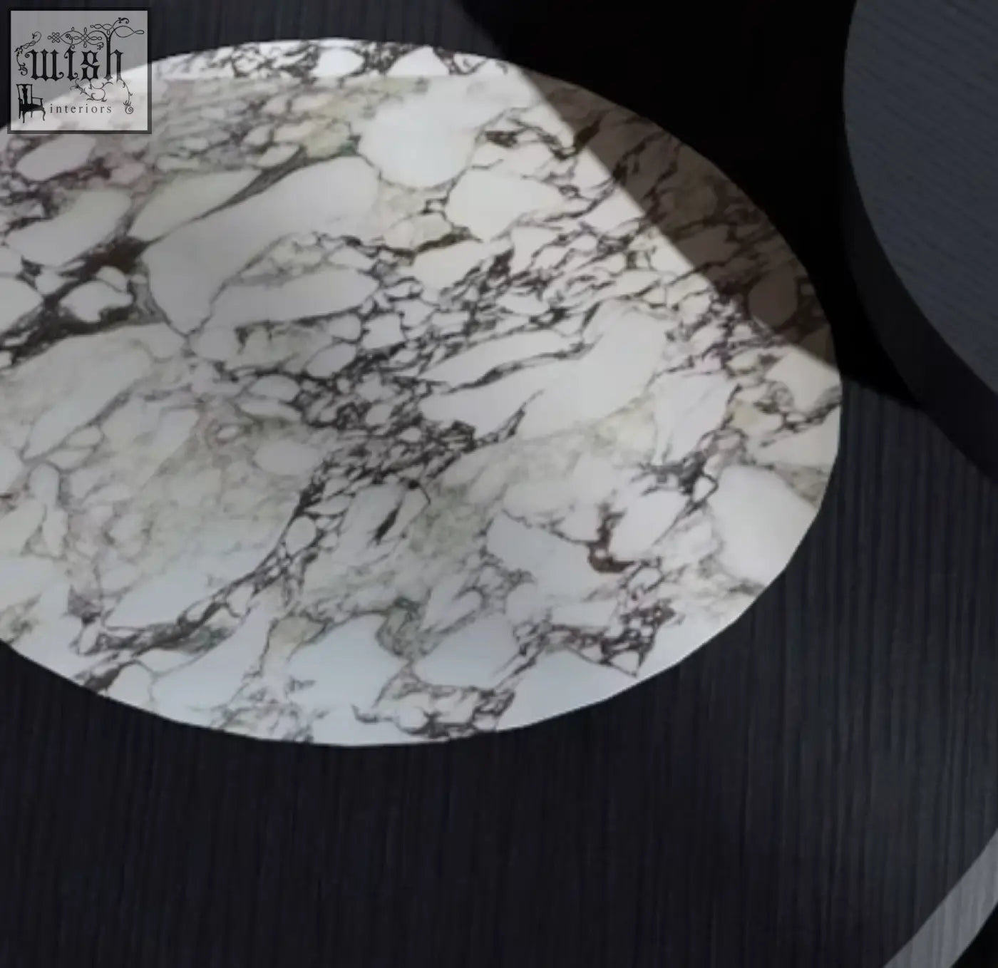 Vivien coffee table set with circular white marble tabletop and intricate black veining perfect wood coffee table option