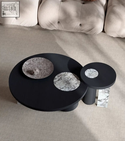 Vivien coffee table set with modern black wood coffee tables featuring circular marble inlays for stylish living rooms