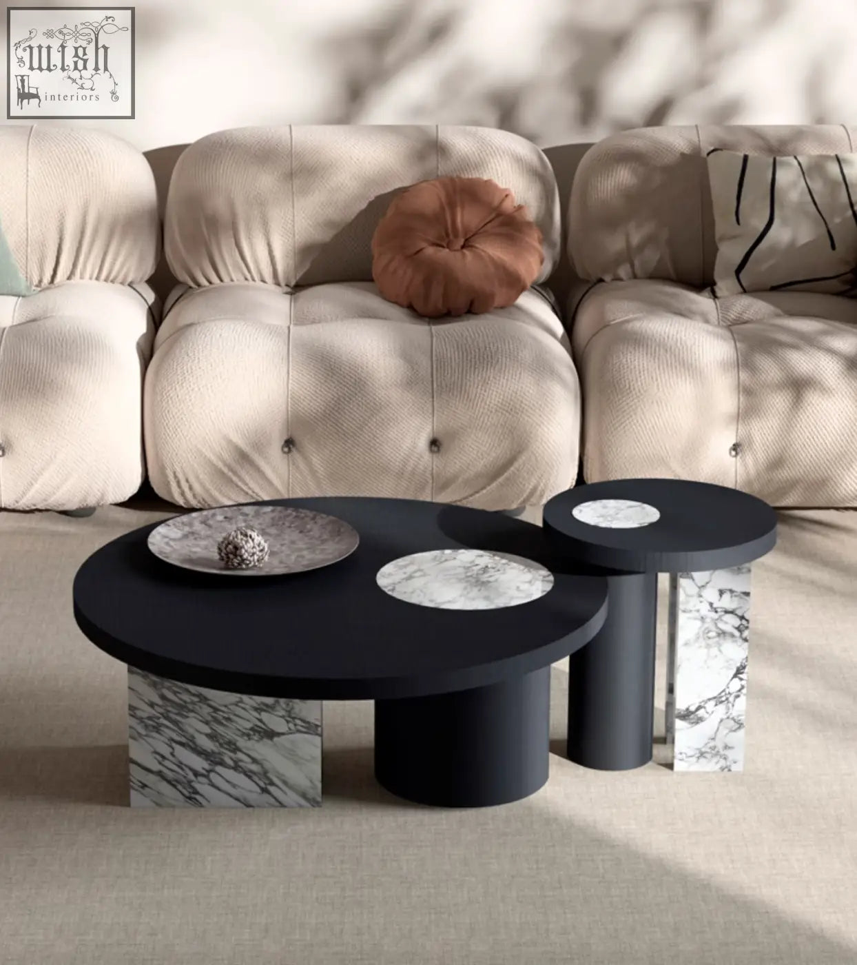 Vivien coffee table set with modern black wood coffee tables featuring marble bases and circular tops