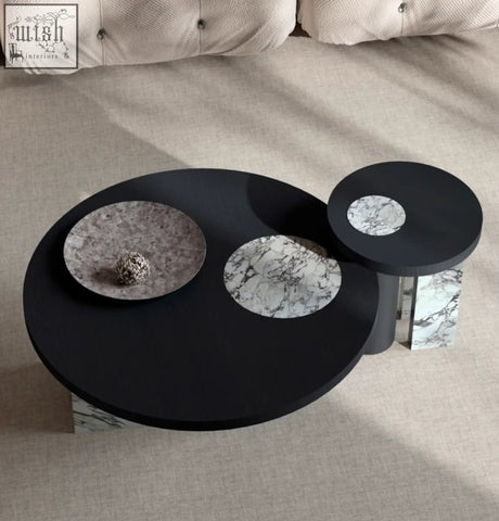 Set of three vivien coffee tables with black wood bases and marble inlays perfect as modern wood coffee tables