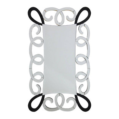 Silver-framed vivienne wall mirror with intricate black and silver scroll design metalwork border