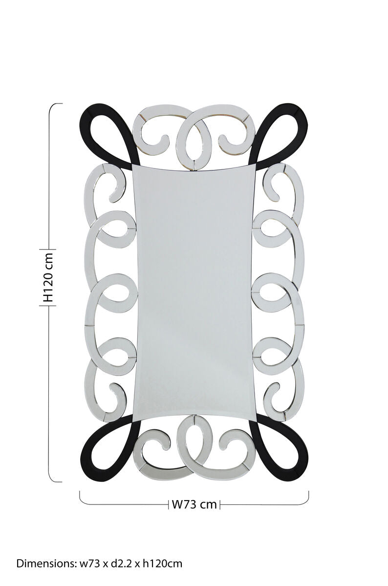 Vivienne black and silver scroll design wall mirror with ornate silver scroll design and black metal frame