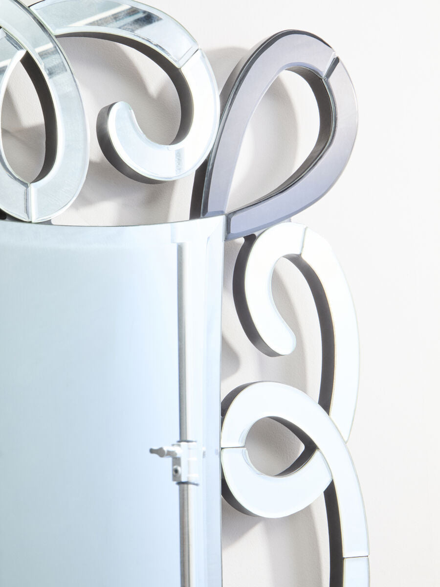 Vivienne black and silver scroll design wall mirror with polished chrome frame and frosted white glass panel