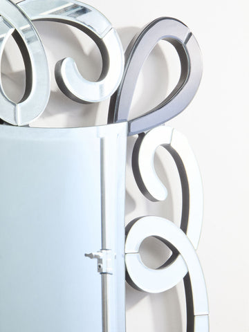 Vivienne black and silver scroll design wall mirror with polished chrome frame and frosted white glass panel