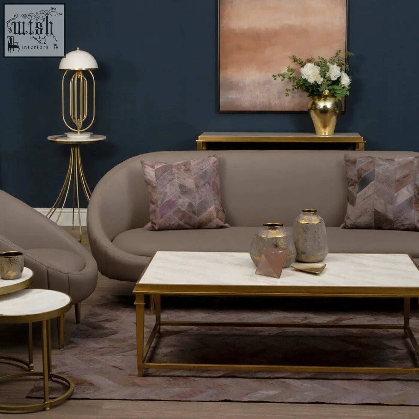 Gold-toned vizzini marble side table with white marble top and slender gold legs for stylish living room decor