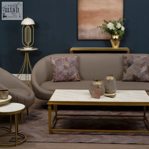 Gold-toned vizzini marble side table with white marble top and slender gold legs for stylish living room decor
