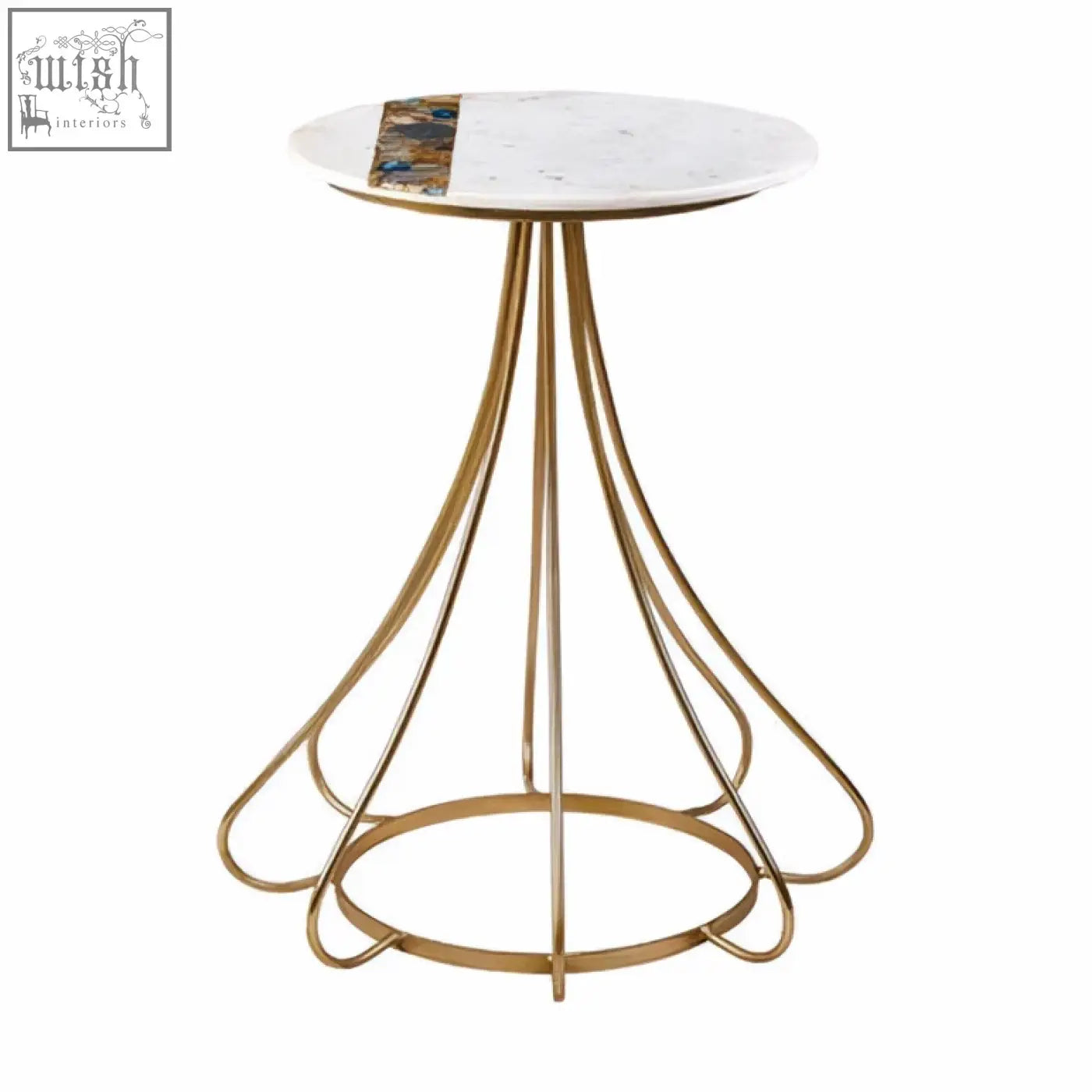 Vizzini marble and agate side table with white marble top featuring an abstract earthy pattern on gold metal base