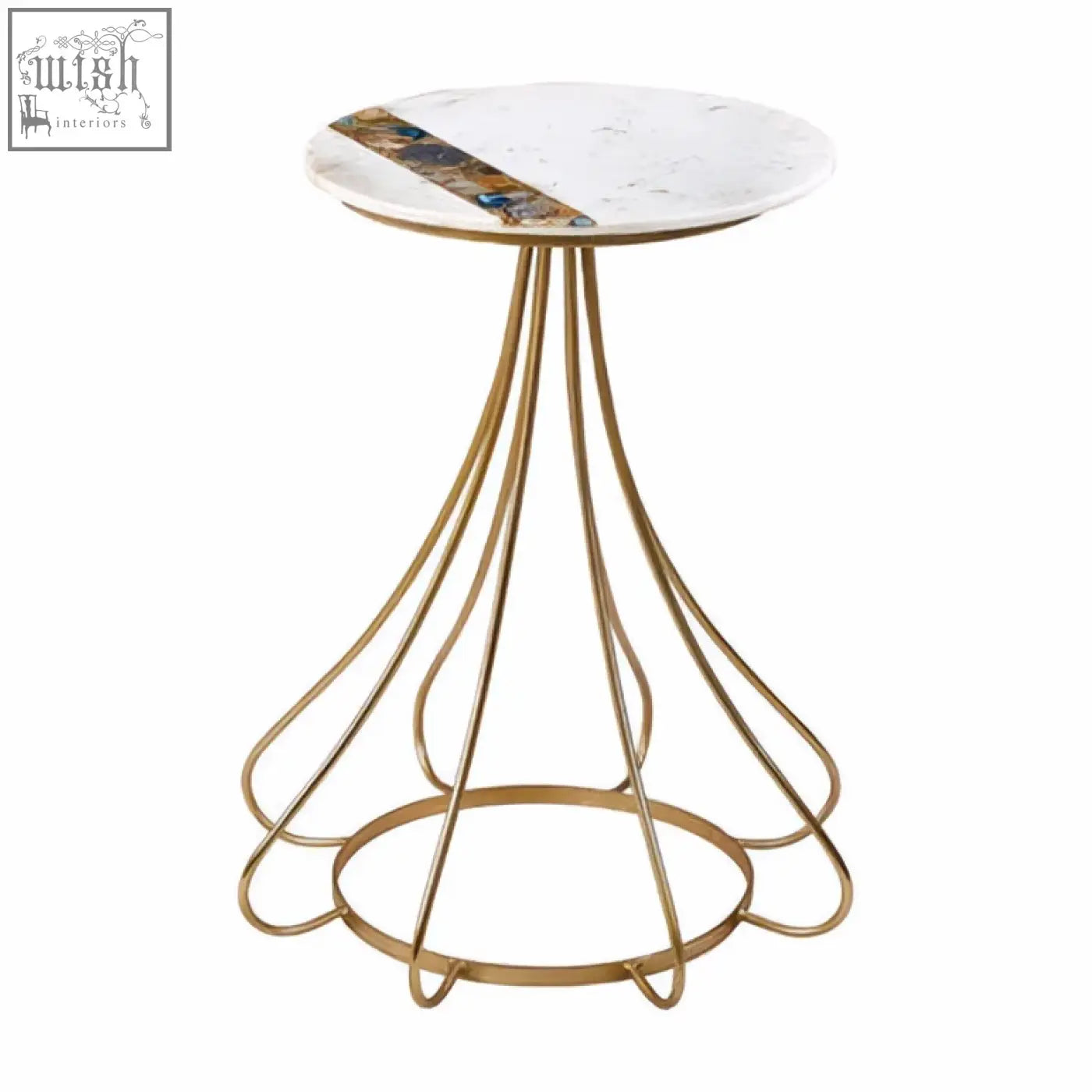 Gold-toned wireframe side table with vizzini marble white marble top and brown agate strip accent