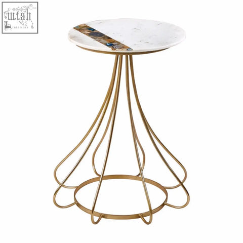 Gold-toned wireframe side table with vizzini marble white marble top and brown agate strip accent