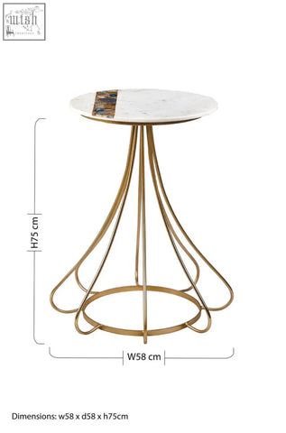 A vizzini marble side table with white marble top featuring an abstract agate strip and a gold-toned curved base