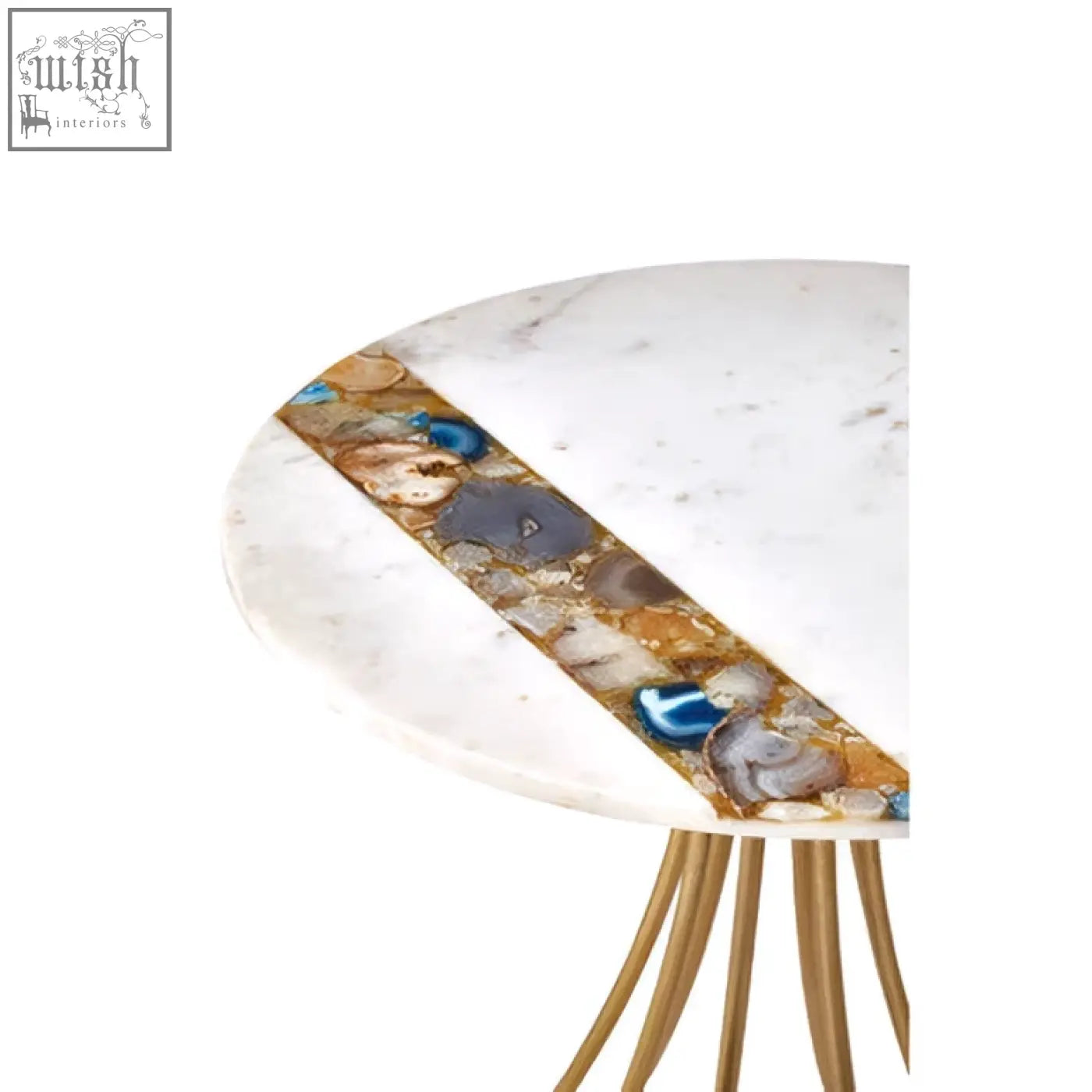 Vizzini marble and agate side table with round white marble top, colorful geode inlay, and gold legs base